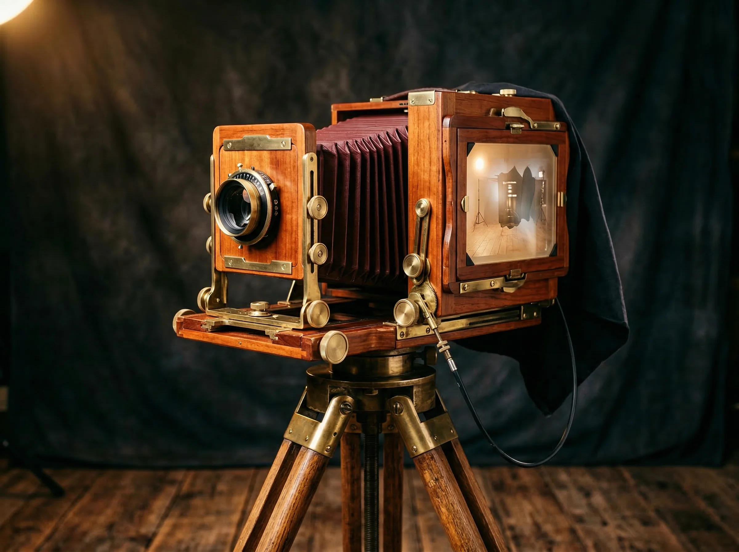 Large format 4x5 wooden view camera on tripod