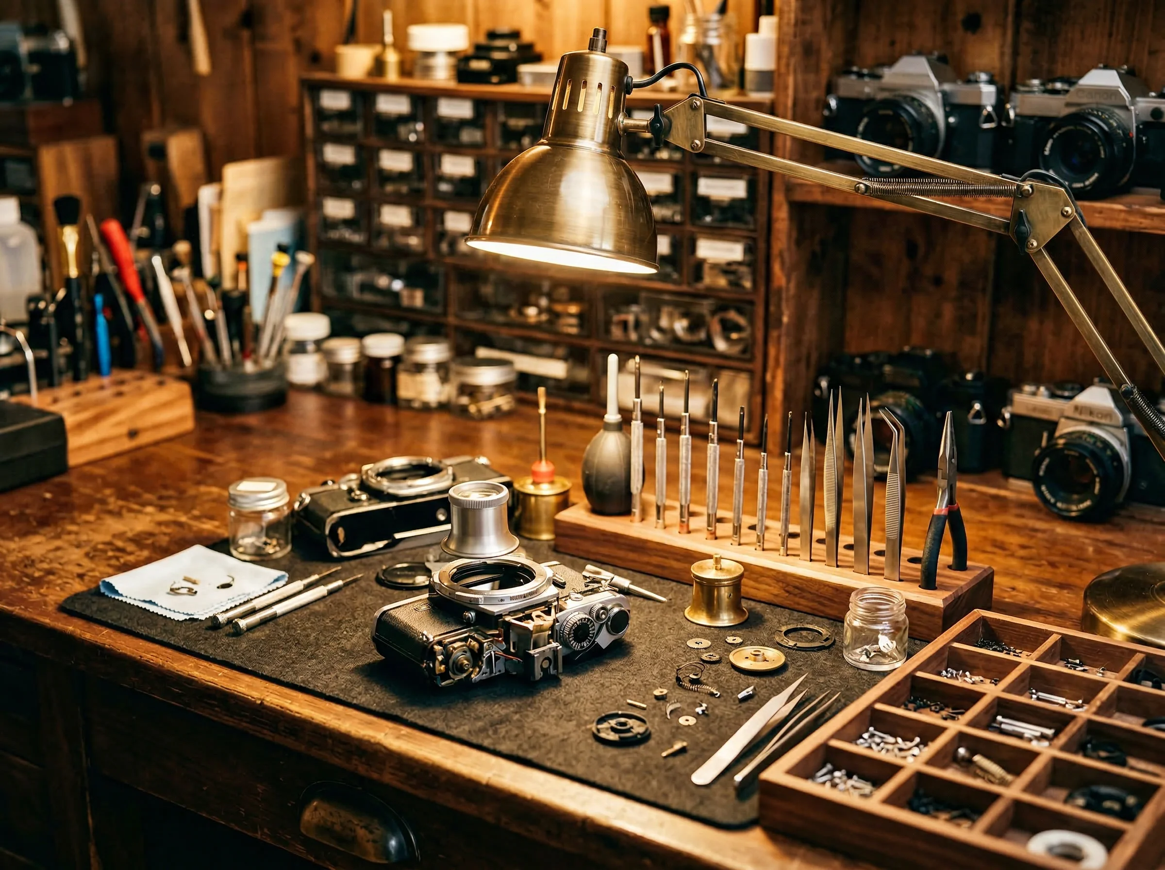 Camera repair workbench with precision tools and disassembled vintage camera