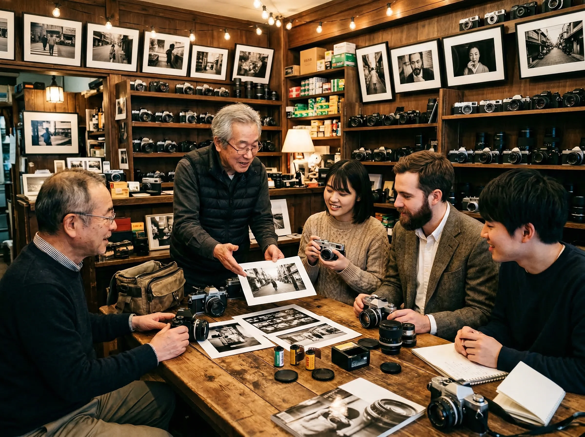 Photography workshop with enthusiasts reviewing prints and cameras at our shop