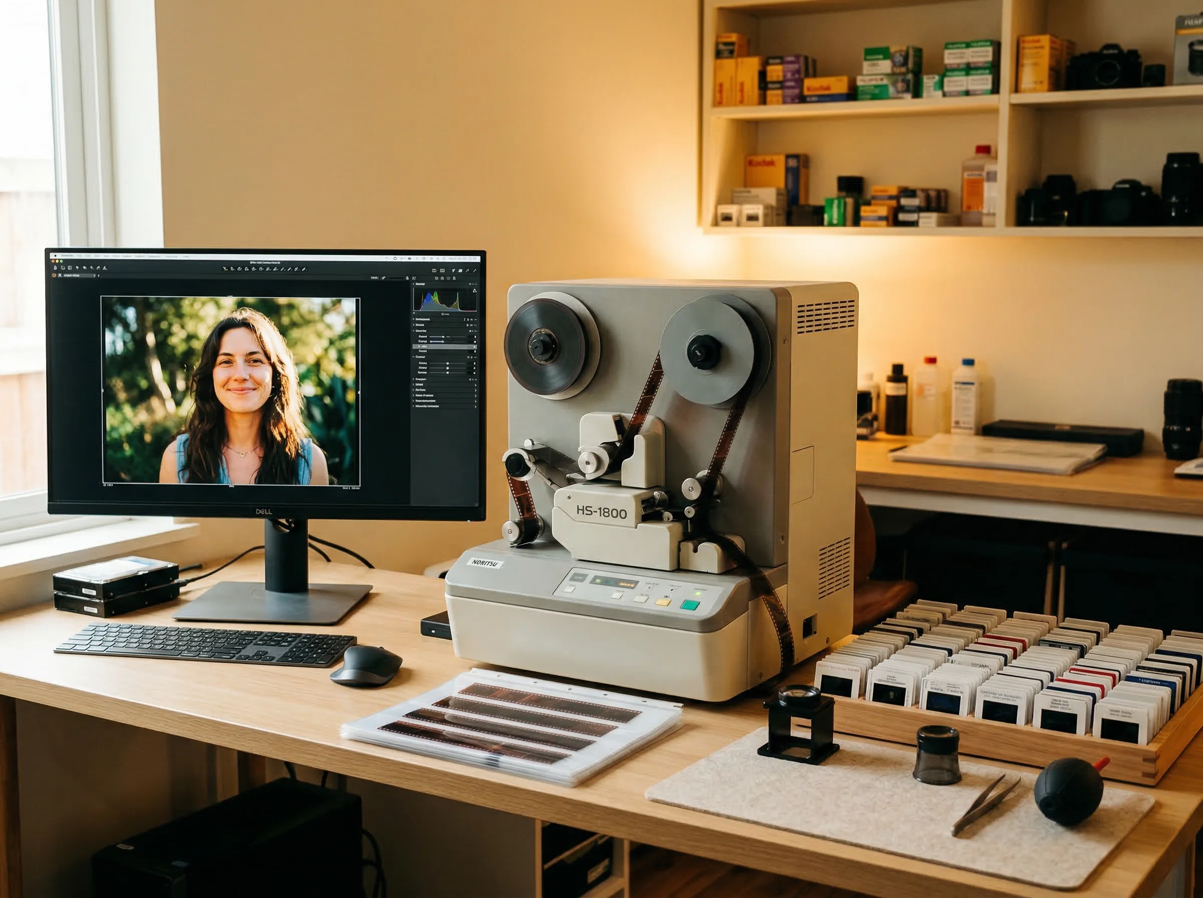 Professional Noritsu film scanner with high-resolution scan on computer monitor