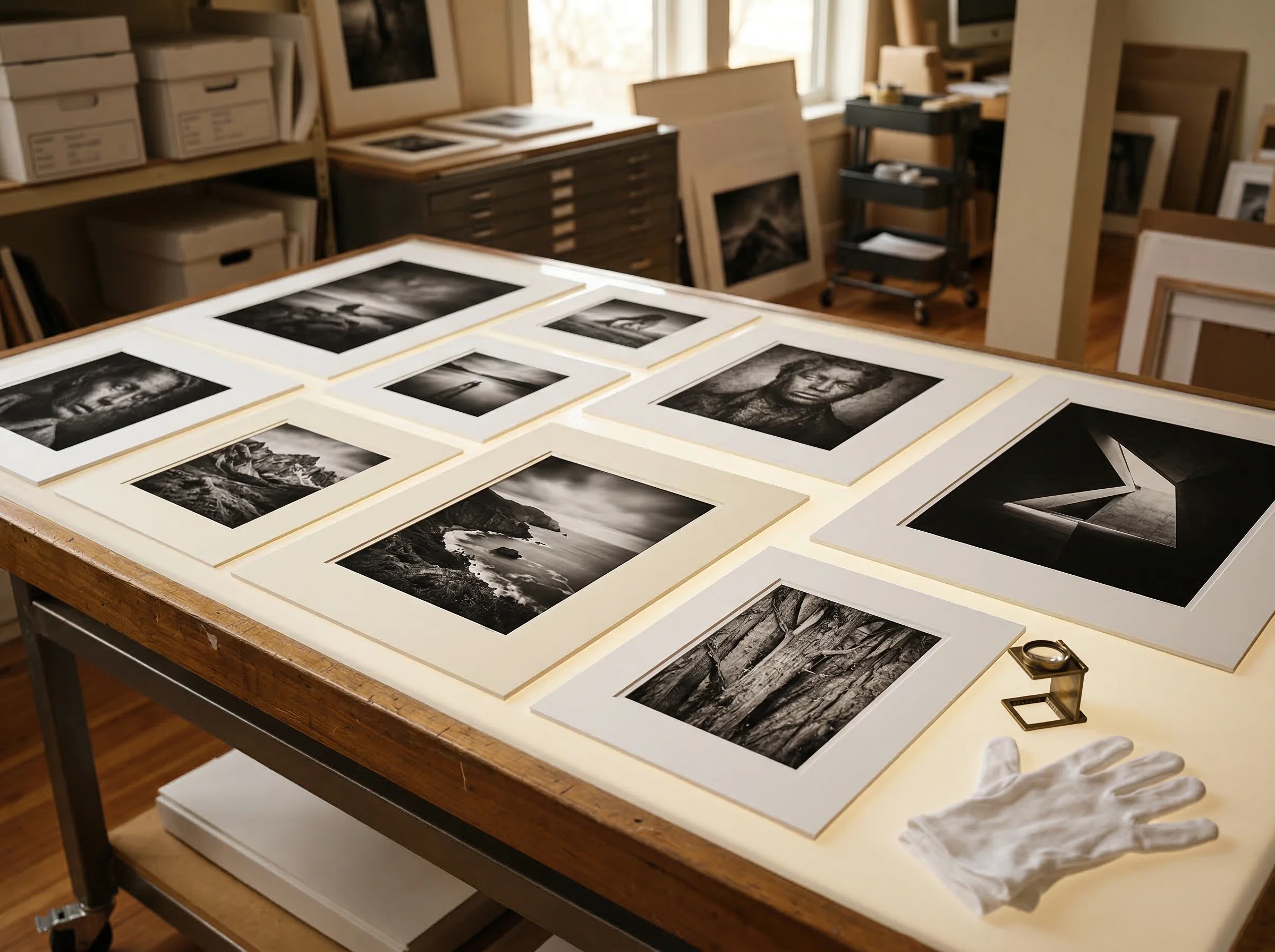 Fine art black and white photography prints on professional inspection table