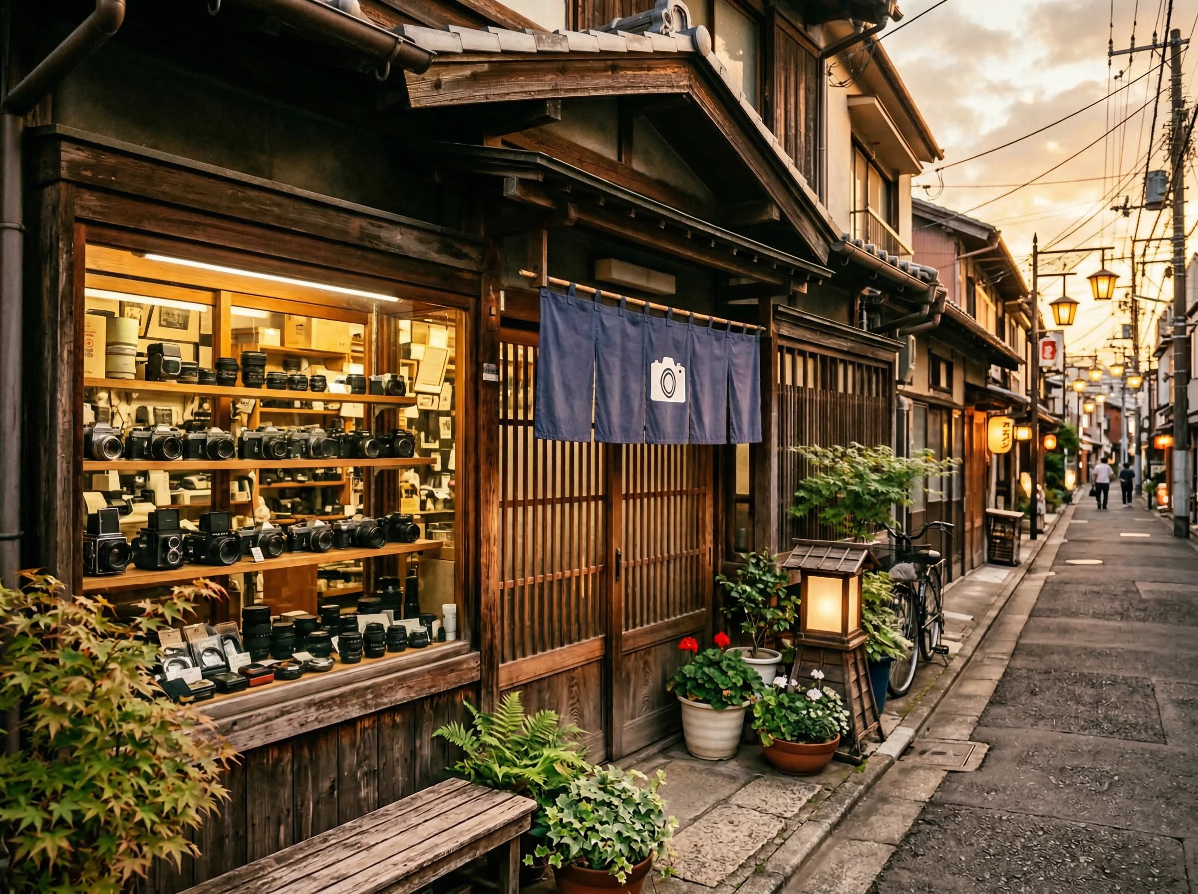 Charming vintage camera shop storefront in Nakano, Tokyo at golden hour